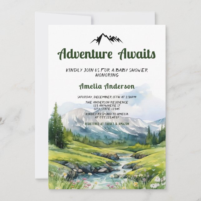 Invitation Watercolor Woodland Adventure Await Baby shower (Devant)