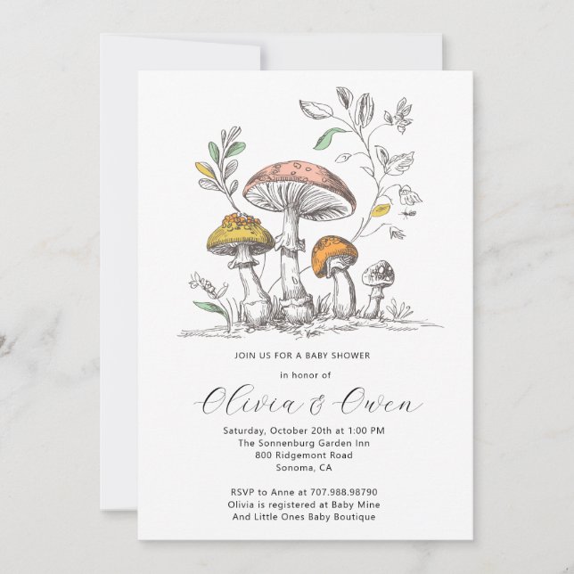 Invitation Watercolor Woodland Mushrooms Baby Shower (Devant)