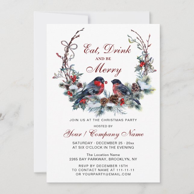 Invitation Watercolor Wreath & Red Birds Christmas Party (Devant)