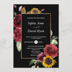 Invitation Watercolory Burgundy Sunflower Fall Mariage or