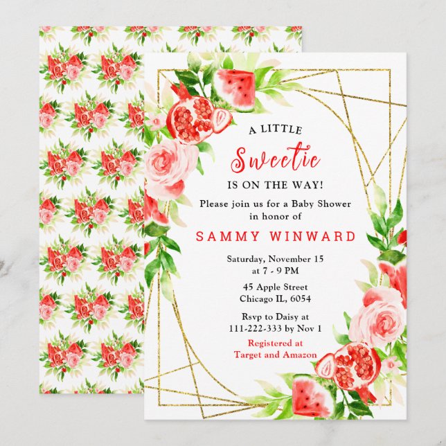 Invitation Watermelon and Pomegranate Baby Shower (Devant / Derrière)