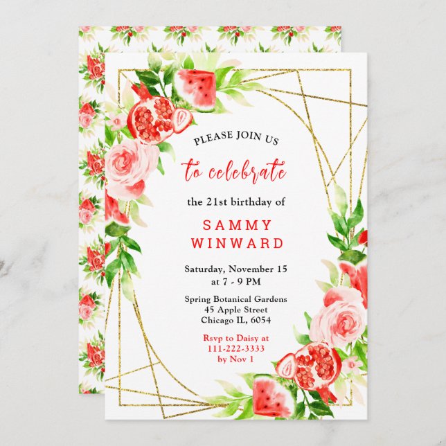 Invitation Watermelon and Pomegranate Birthday (Devant / Derrière)