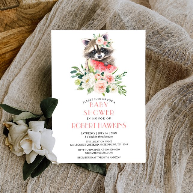 Invitation Watermelon et Raccoon Baby shower floral (Créateur téléchargé)