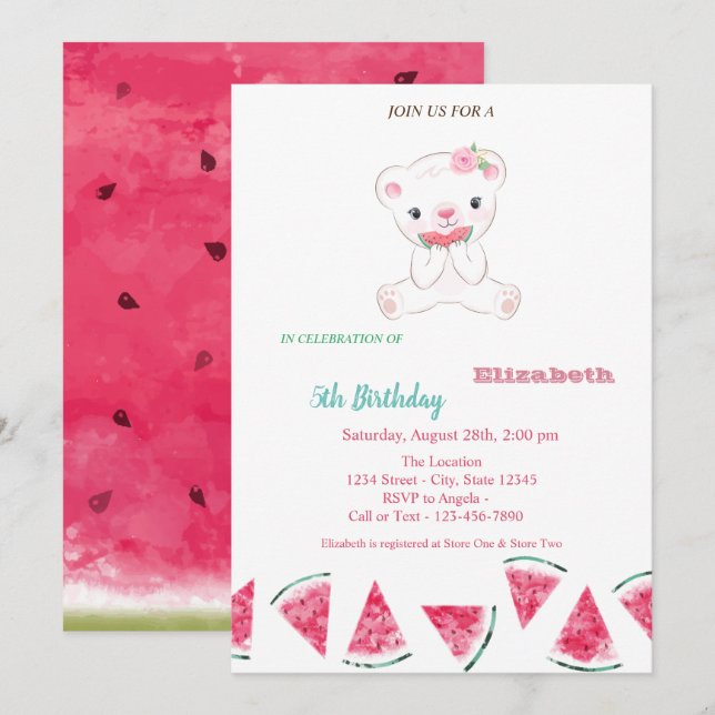 Invitation Watermelon, Jolie Teddy Bear fête d'été Anniversai (Devant / Derrière)