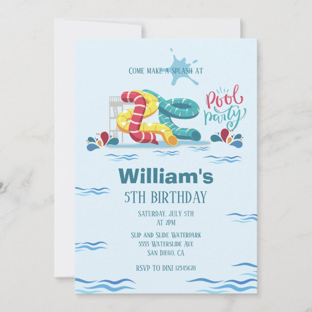 Invitation Waterpark Watertoboggan Pool fête anniversaire (Devant)