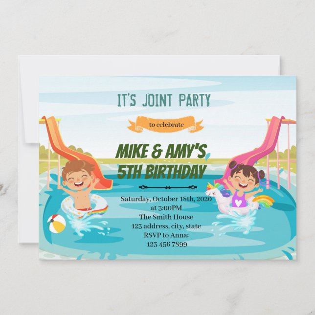 Invitation Watersiled garçon fille enfants fête conjointe (Devant)