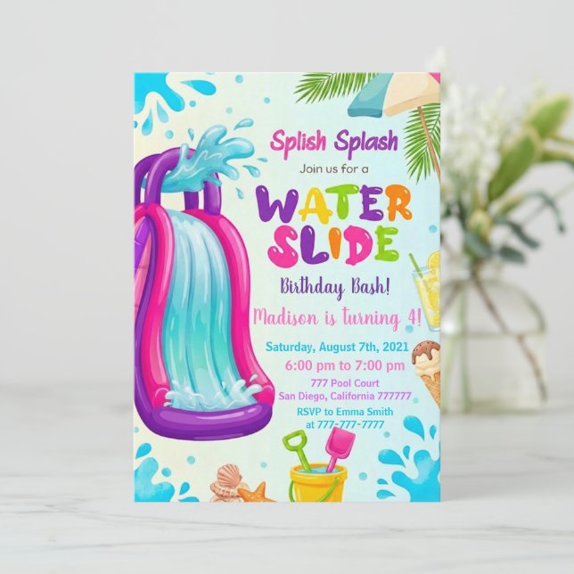 Invitation Waterslide Birthday, Let's make a Splash, Summer (Debout devant)