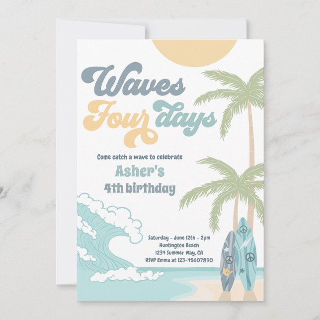 Invitation Waves Four Days Retro Surf Beach 4e anniversaire (Devant)