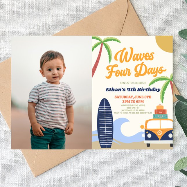 Invitation Waves Four Days Surf Board Blue 4th Birthday Party (Créateur téléchargé)