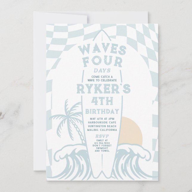 Invitation Waves Four Days Surf Surfing 4th Birthday Party (Devant)