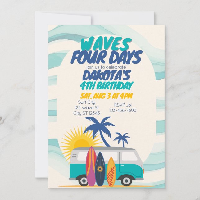Invitation Waves Four Days Surf Van 4th Birthday (Devant)