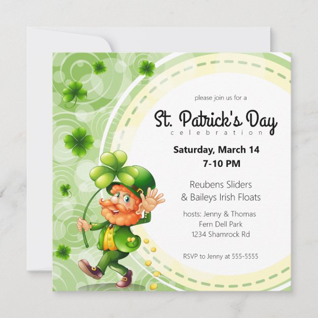 Invitation Waving Leprechaun et Shamrocks (Devant)
