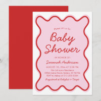 Wavy Moderne Curvy Retro Baby shower rose et rouge