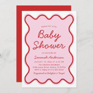 Invitation Wavy Moderne Curvy Retro Baby shower rose et rouge