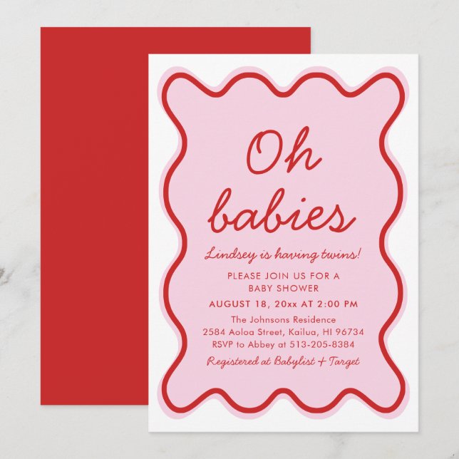 Invitation Wavy Moderne Curvy Retro Baby shower rose et rouge (Devant / Derrière)