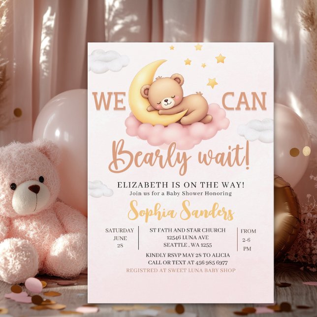 Invitation We Can Bearly Wait Baby Shower Pink Bear (Créateur téléchargé)