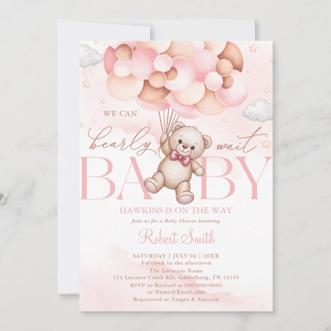 Invitation We Can Bearly Wait Balloon Bear Baby Shower (Devant)