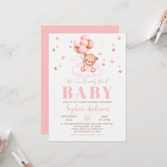 Invitation We can Bearly wait Balloons Girl Baby Shower (Devant/Arrière en situation)