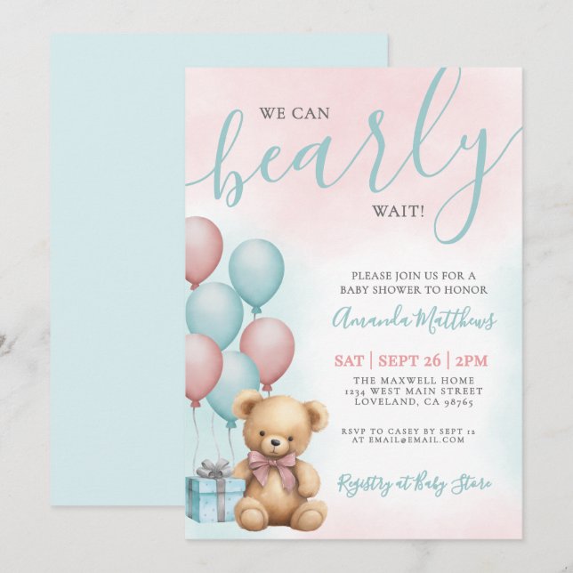 Invitation We Can Bearly Wait Bear Baby Shower (Devant / Derrière)