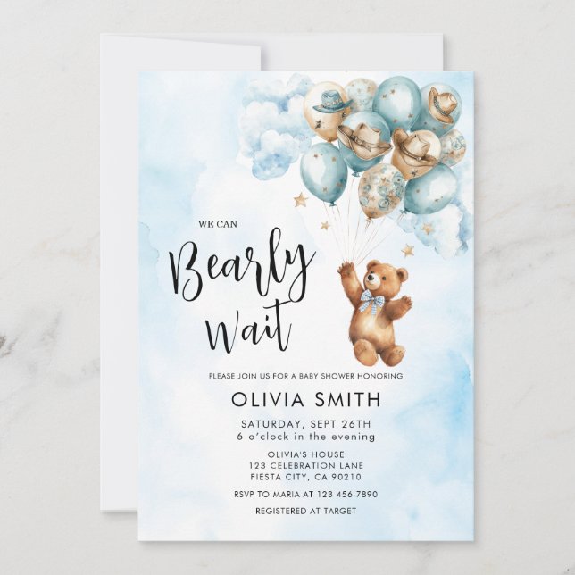 Invitation We Can Bearly Wait Blue Balloon Bear Baby Shower  (Devant)
