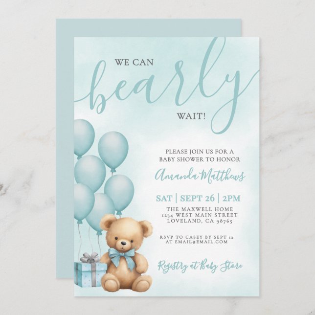 Invitation We Can Bearly Wait Blue Bear Baby Shower (Devant / Derrière)