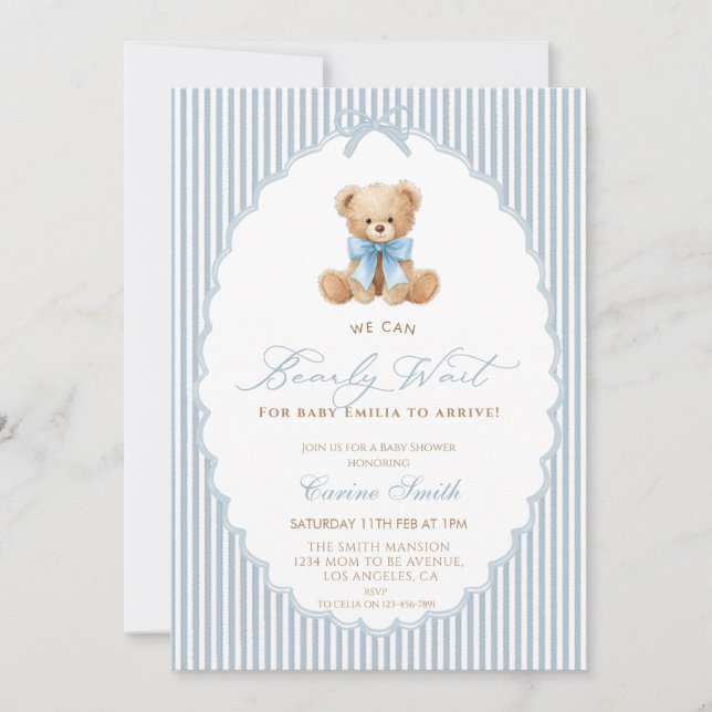 Invitation We Can Bearly Wait blue bow Boy Baby Shower (Devant)