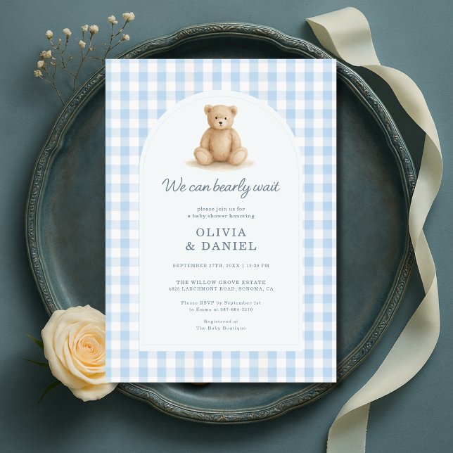 Invitation We Can Bearly Wait Blue Gingham Baby Shower (Créateur téléchargé)
