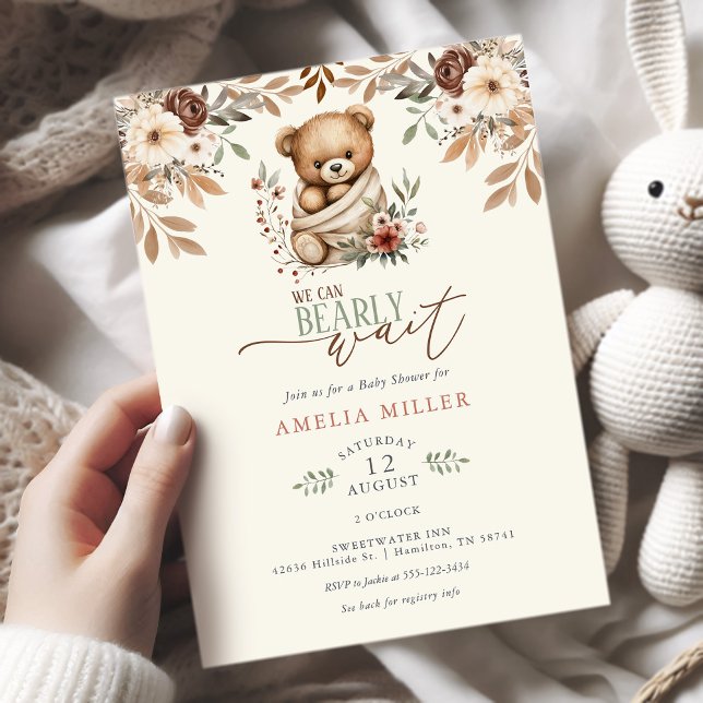 Invitation We Can Bearly Wait Boho Floral Baby Shower (We Can Bearly Wait Boho Teddy Bear Floral Baby Shower Invitation)