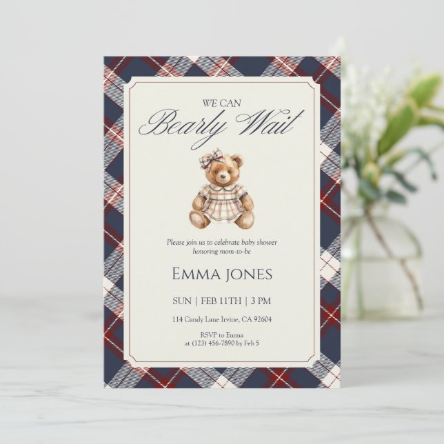 Invitation We Can Bearly Wait Navy Plaid Bear Baby Shower (Debout devant)