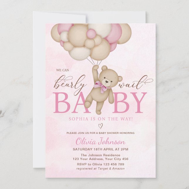 Invitation We Can Bearly Wait Pink Baby Shower (Devant)