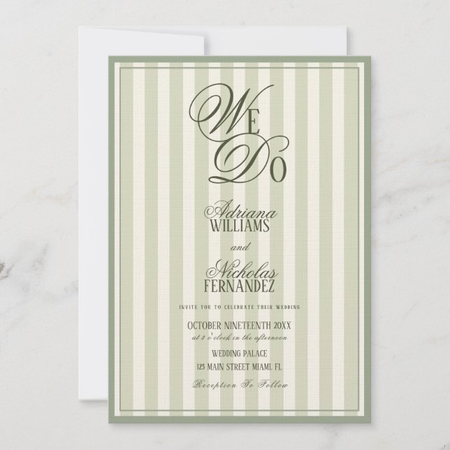 Invitation We Do Elegant Striped Ivory Green Wedding (Devant)