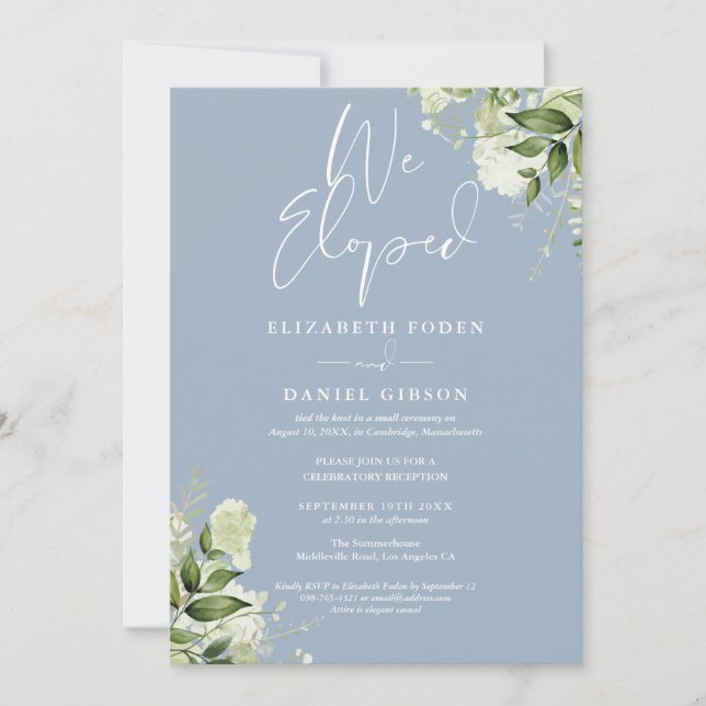 Invitation We Eloped Dusty Blue Wedding Vows Greenery Party (Devant)