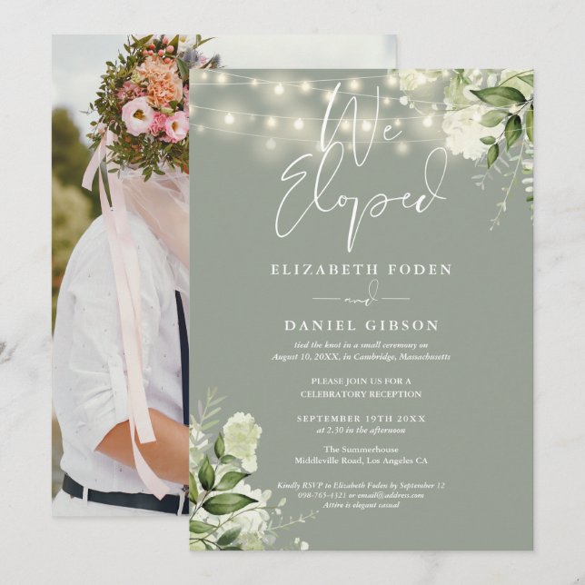 Invitation We Eloped Greenery Sage Green Photo Wedding Party (Devant / Derrière)