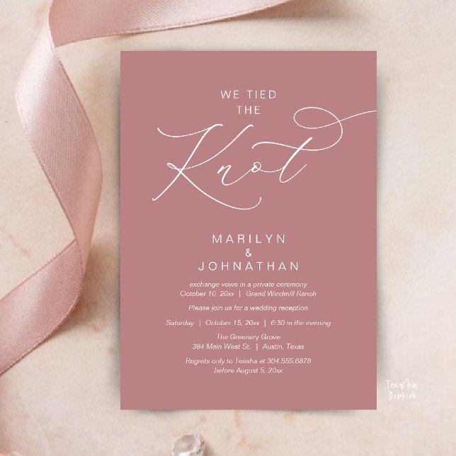 Invitation We tied the knot, Elopement Reception Dinner (We tied the knot, Romantic Wedding Elopement Reception Dinner Invitation Card in Dusty Rose Pink)