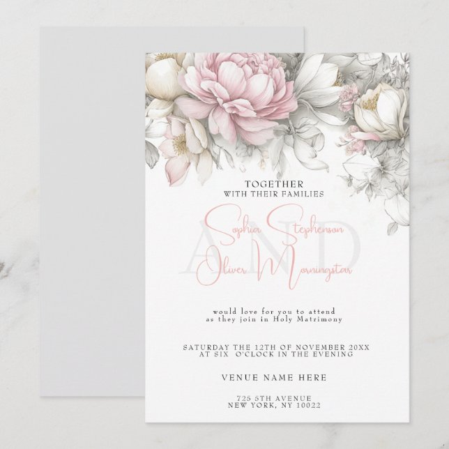 Invitation Wedding | Classic Modern Ivory and Blush Floral  (Devant / Derrière)