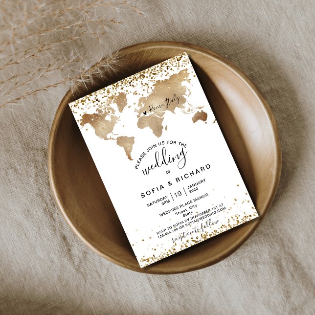 Invitation Wedding Destination Gold World Map Heart (Créateur téléchargé)