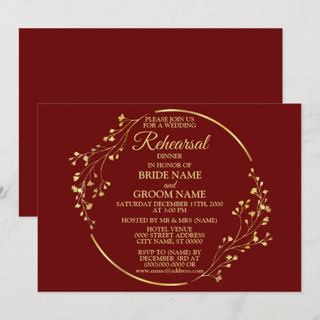 Invitation Wedding Gold Floral Wreath Red Rehearsal Dinner (Devant / Derrière)