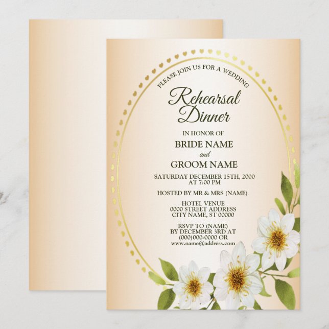 Invitation Wedding Golden White Floral Peach Rehearsal Dinner (Devant / Derrière)