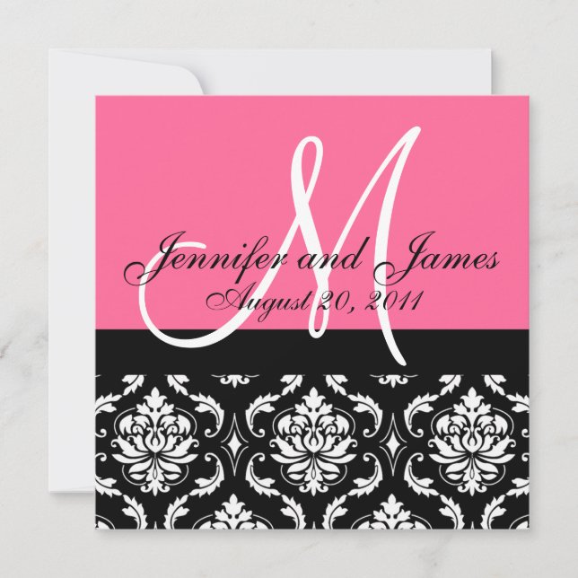 Invitation Wedding Invite Monogram Names Date Pink Damask (Devant)