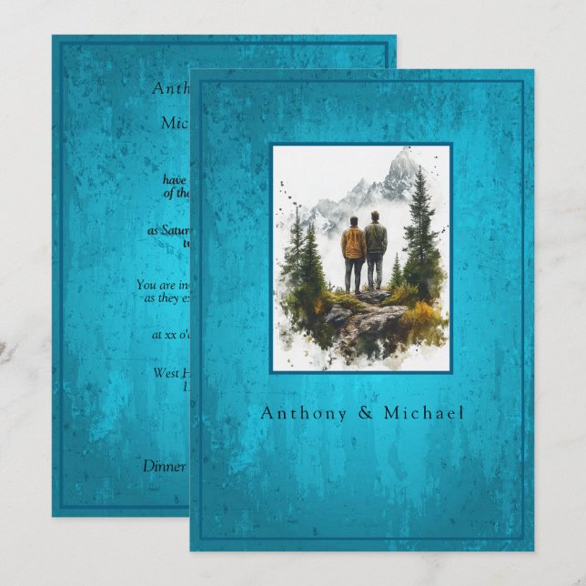 Invitation Wedding Photo Elegant Blue Grunge Background  (Devant / Derrière)