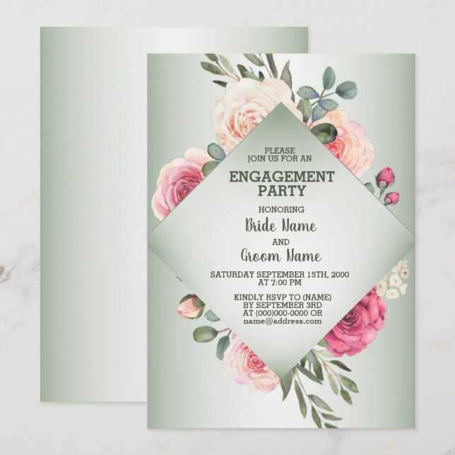 Invitation Wedding Pink Floral Rustic Green Engagement Party (Devant / Derrière)