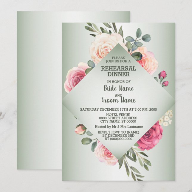 Invitation Wedding Pink Floral Rustic Green Rehearsal Dinner (Devant / Derrière)