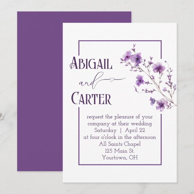 Invitation Wedding Purple Floral Frame On White (Devant / Derrière)