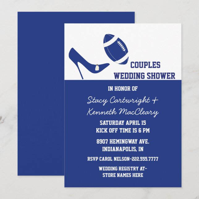 Invitation Wedding shower à thème du football bleu et blanc (Devant / Derrière)