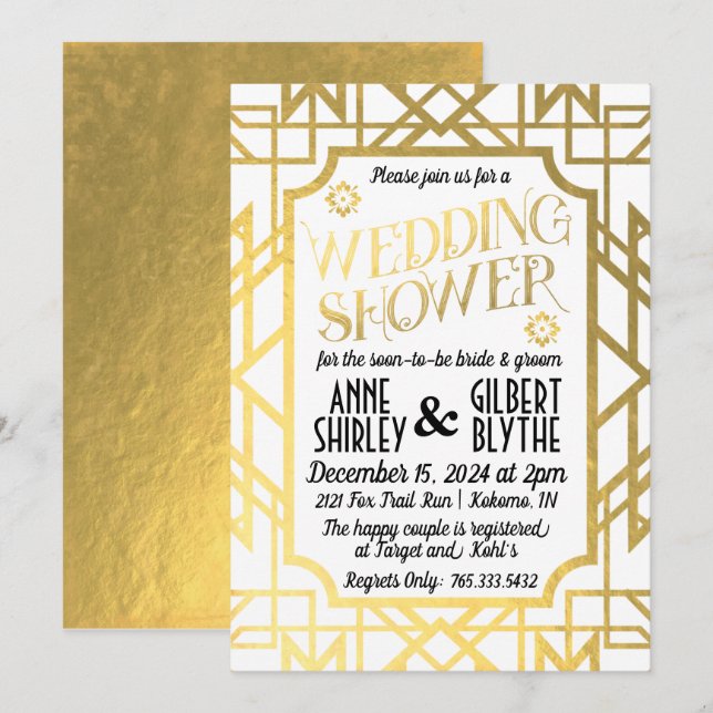Invitation Wedding shower Art Déco Couples Gatsby Gold Foil (Devant / Derrière)