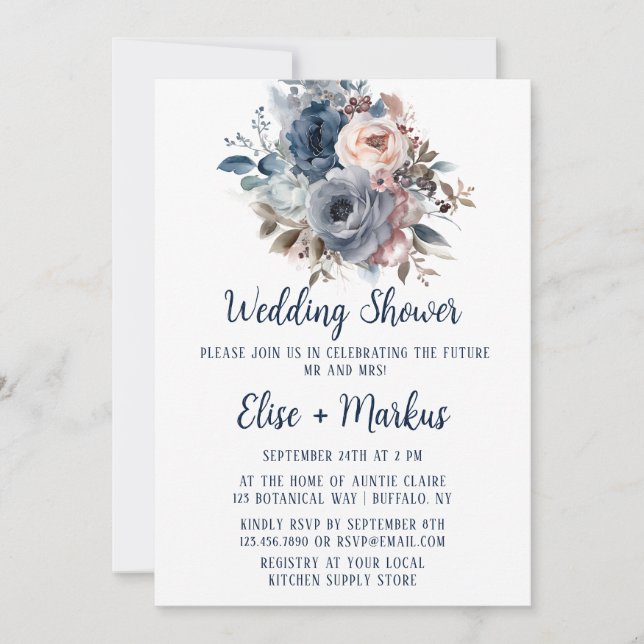 Invitation Wedding shower bleu bleu bleu bleu rose Roses (Devant)