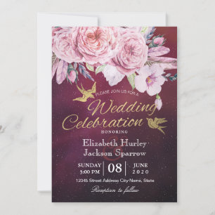 Invitation Wedding shower Boho Plumes florales Bourgogne Roug
