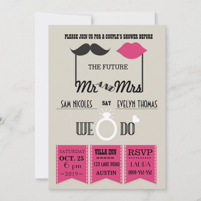 Invitation Wedding shower chic de la typographie des lèvres e (Devant)