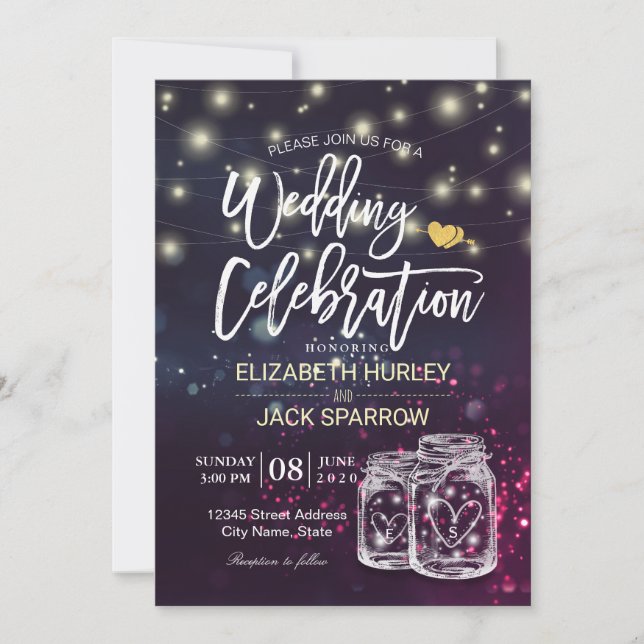 Invitation Wedding shower Chic Mason Jar Purple String Lumièr (Devant)