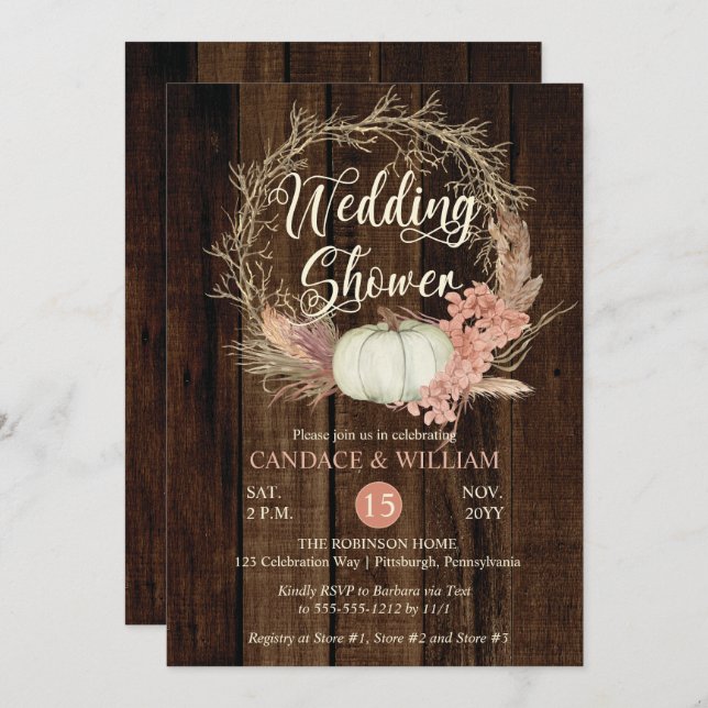 Invitation Wedding shower - Citrouille rustique Pampas Wreath (Devant / Derrière)